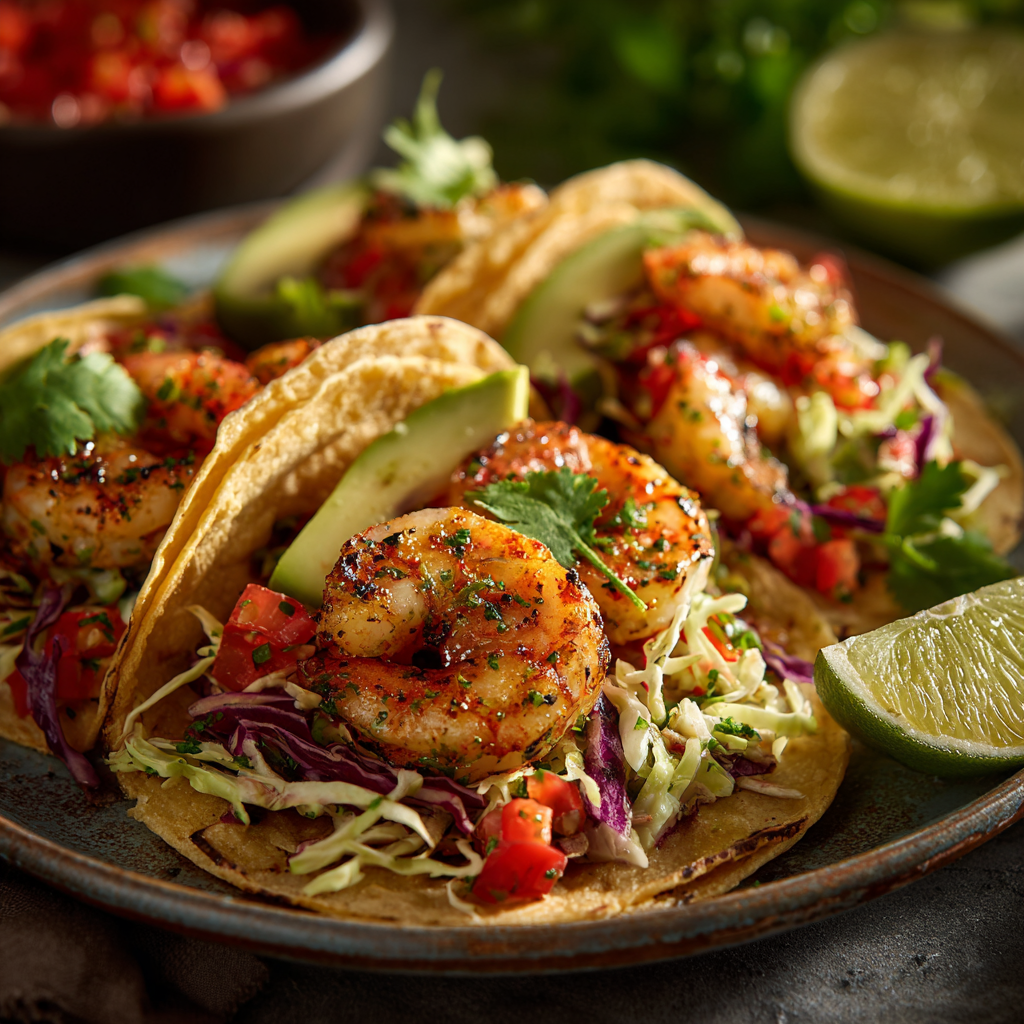 Let’s make garlic and herb shrimp tacos — a fresh, flavorful meal perfect for any night of the week. Here’s what you’ll need. You’ll need one pound of peeled and deveined shrimp, olive oil, minced garlic, oregano, basil, salt, and pepper. You’ll also need corn tortillas, shredded cabbage, sliced avocado, diced tomatoes, fresh cilantro, and lime wedges. Now let’s get started. In a bowl, combine the shrimp with olive oil, garlic, oregano, basil, salt, and pepper. Toss until the shrimp are evenly coated, then refrigerate to marinate for at least thirty minutes. Once marinated, preheat your grill or grill pan to medium-high heat. Thread the shrimp onto skewers and grill for about two to three minutes per side until cooked through. Warm the corn tortillas on the grill or in a dry skillet. To assemble, divide the cabbage, avocado, tomatoes, and cilantro among the tortillas. Top each one with grilled shrimp. Finish with a squeeze of fresh lime, and serve. These garlic and herb shrimp tacos are bright, delicious, and ready in minutes.