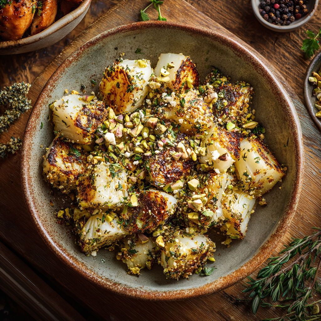 Garlic and Herb Roasted Kohlrabi with Pistachios and Feta