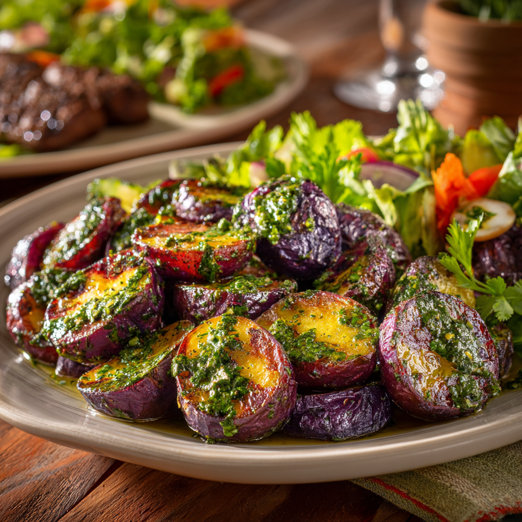 Garlic and Herb Roasted Purple Potatoes with Chimichurri Sauce