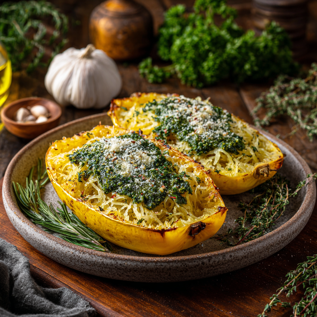 Garlic and Herb Roasted Spaghetti Squash with Pesto
